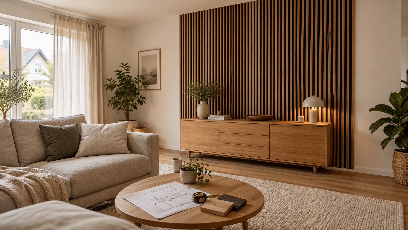 Wohnzimmer mit großflächiger Holzlamellenwand und Sideboard