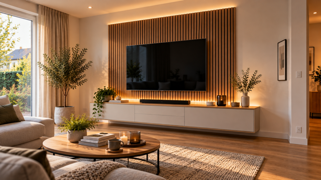 Geplante TV-Wand mit Akustikpaneelen, Sideboard und dezenter Beleuchtung.