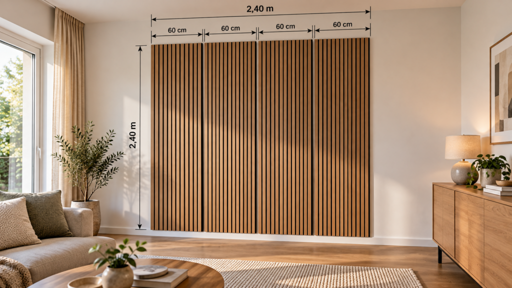 Berechnung einer 2,40 Meter breiten Akustikpaneelwand mit vier Paneelen zu je 60 Zentimeter.