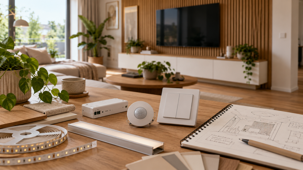 LED-Streifen, Lichtprofil, Smart-Home-Sensor und Wandschalter auf einem Holztisch mit Planungsunterlagen.