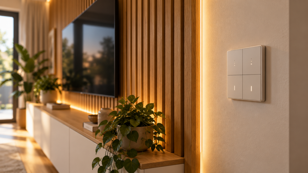 Weißer Smart-Home-Wandtaster neben einer Eichen-Akustikpaneelwand mit eingeschalteter indirekter LED-Beleuchtung.