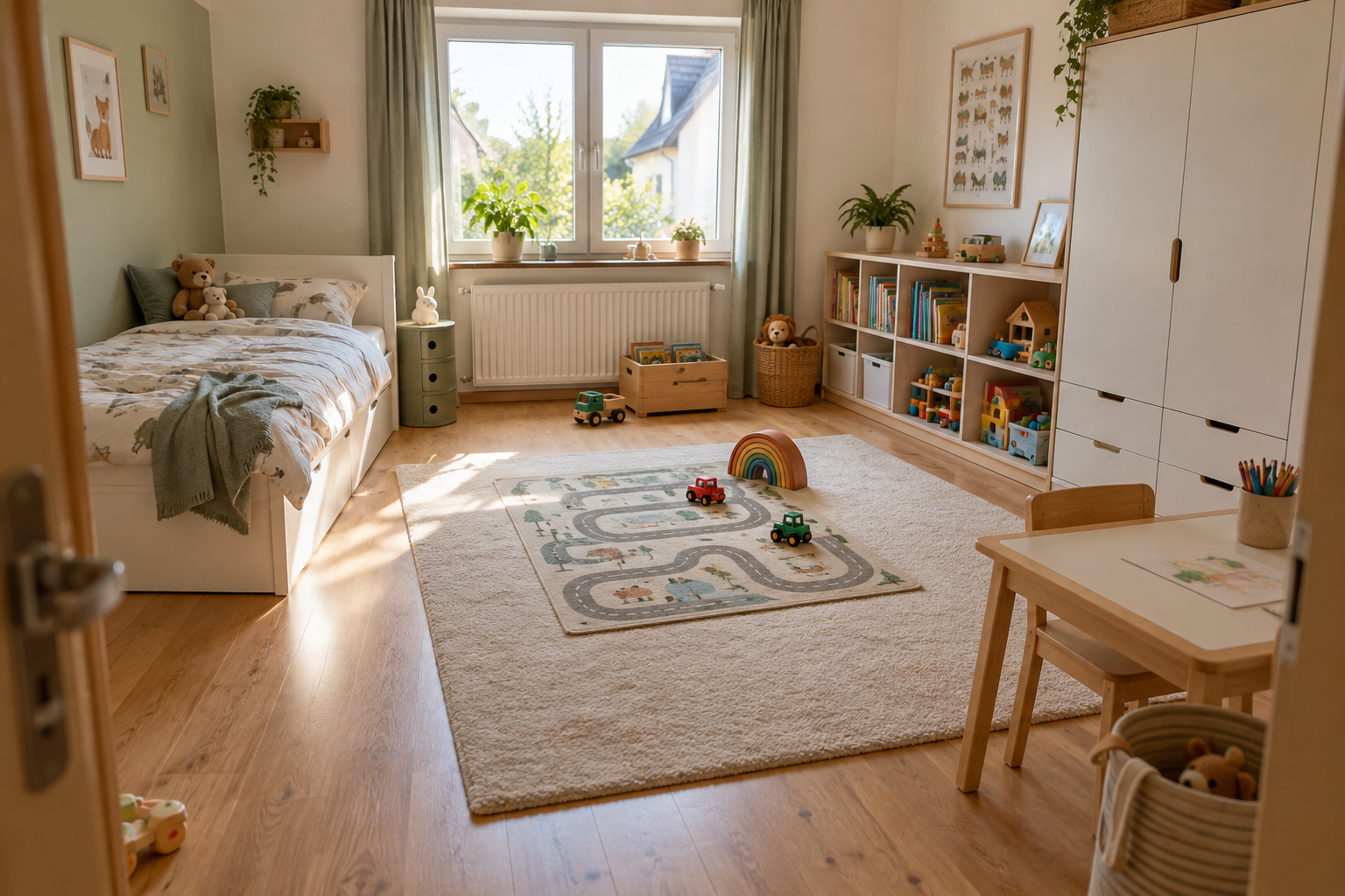 Kinderzimmer mit Einzelbett, freier Spielfläche und Stauraum