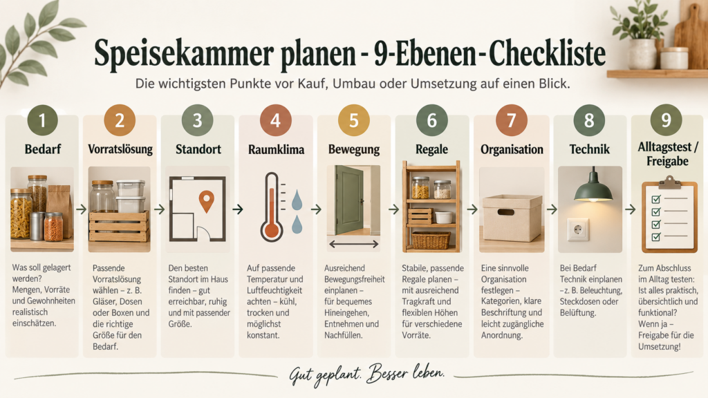 Checkliste mit neun Prüfebenen zum Planen einer Speisekammer vor Kauf oder Umbau