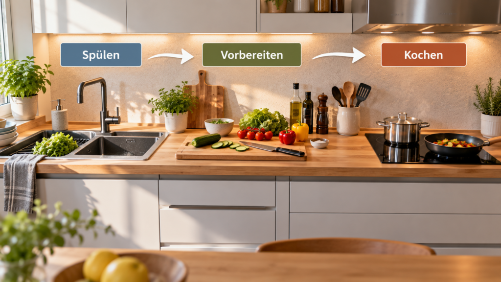 Spüle Vorbereitungsfläche und Kochfeld funktional auf der Küchenarbeitsplatte anordnen
