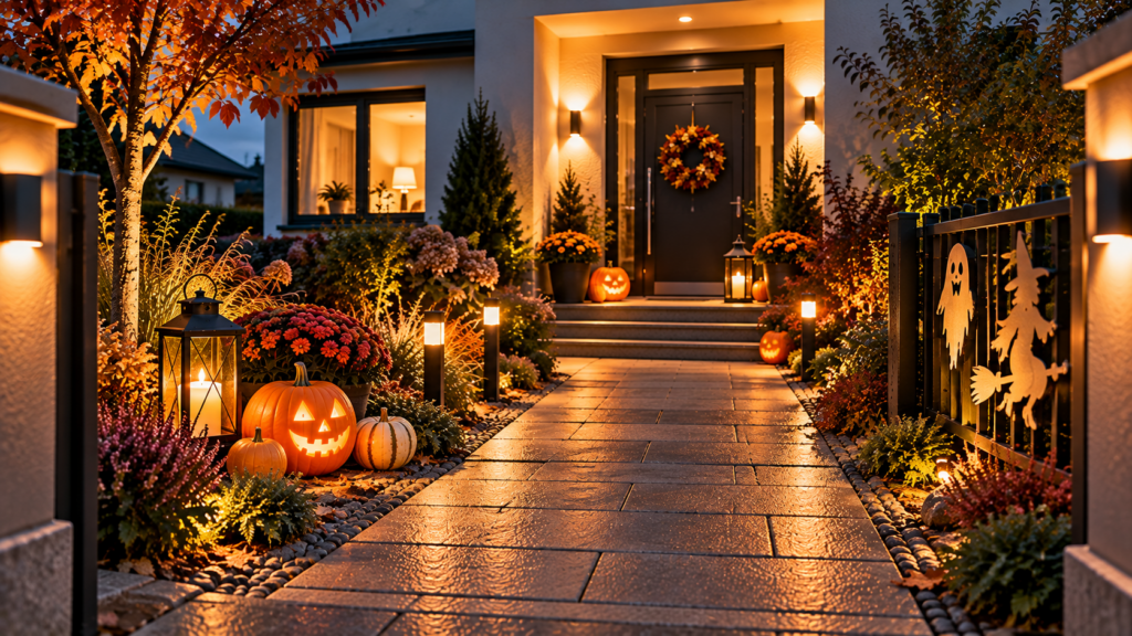 Sicher und wirtschaftlich geplante Halloween-Deko im Garten mit freiem Weg, Kürbissen und warmem LED-Licht.