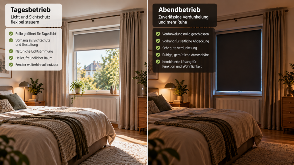 Kombination aus Verdunkelungsrollo und Vorhang im Schlafzimmer