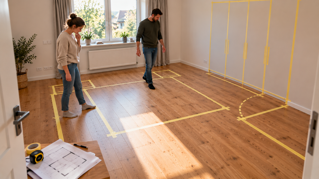 Schlafzimmer Grundriss mit Malerkrepp in Originalgröße vor Möbelkauf testen