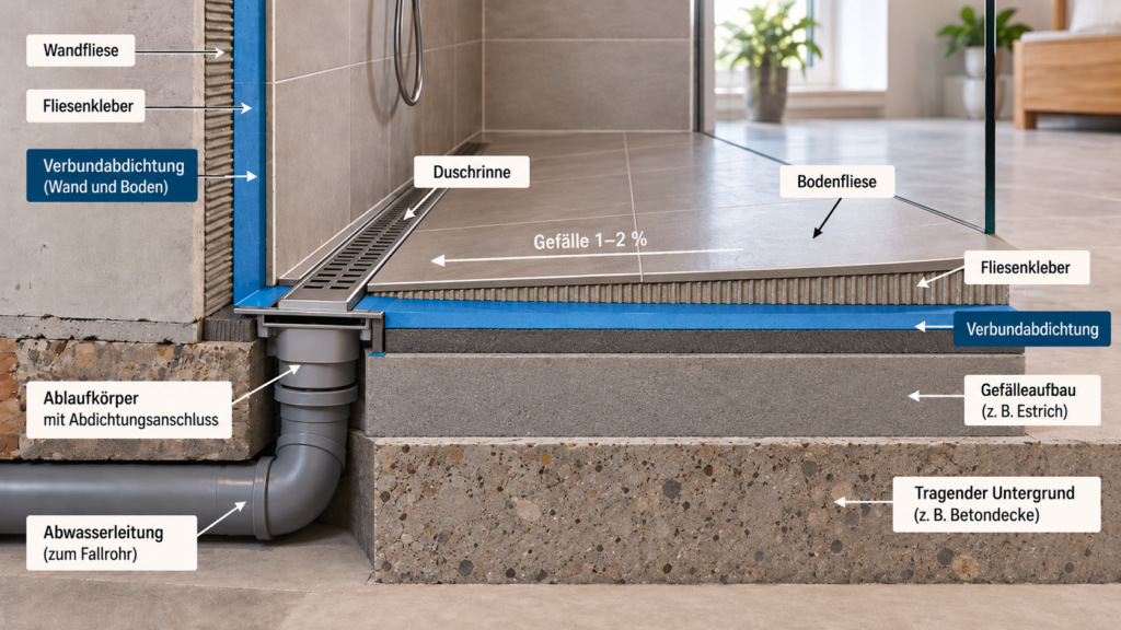 Schematischer Aufbau einer bodengleichen Dusche mit Gefälle, Duschrinne und Verbundabdichtung.