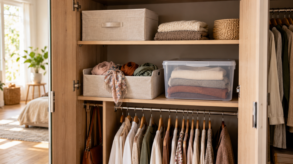 Holzkleiderschrank mit textilen Aufbewahrungsboxen, transparenter Kunststoffbox und gefalteten Pullovern für die saisonale Kleideraufbewahrung.