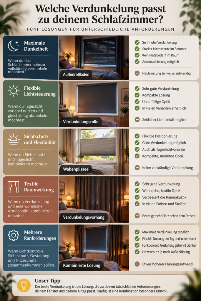 Entscheidungshilfe für Rollladen, Rollo, Plissee und Vorhang im Schlafzimmer