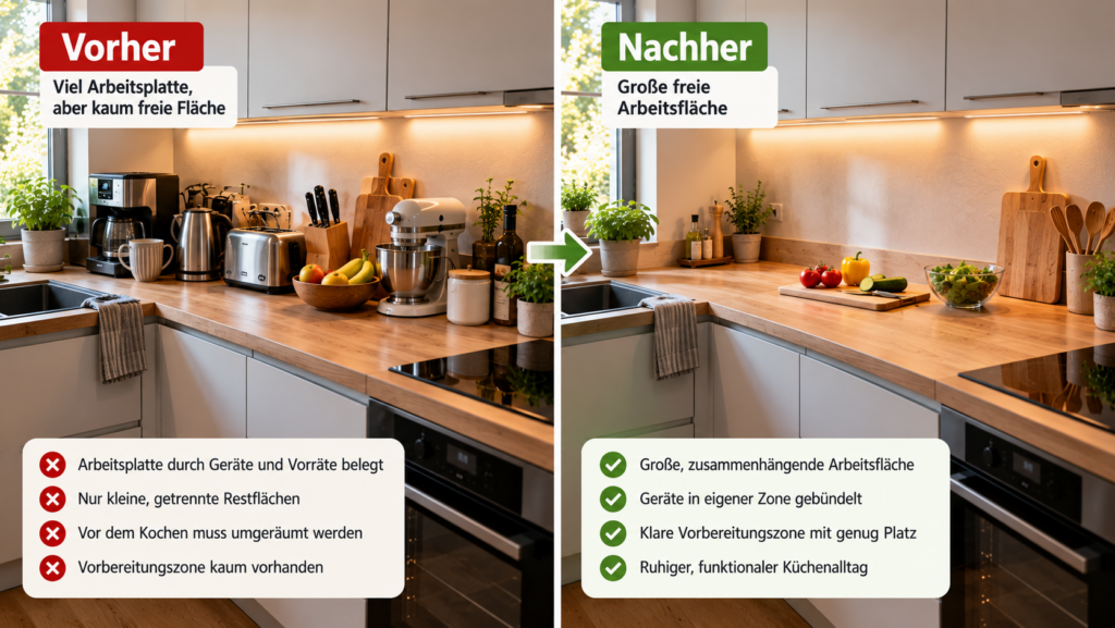 Belegte und freie Küchenarbeitsfläche im direkten Vergleich