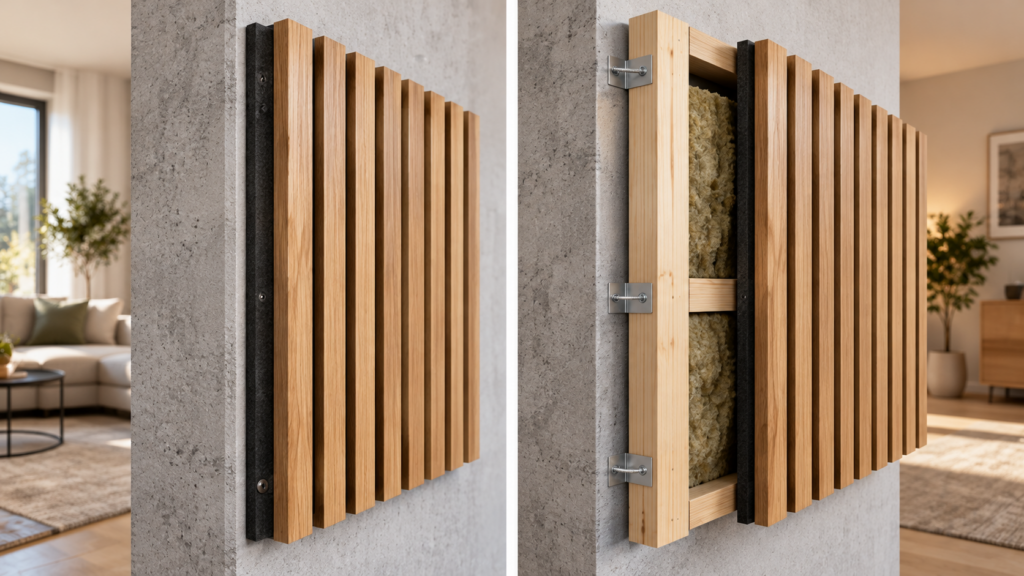 Vergleich eines direkt montierten Akustikpaneels mit einem Paneelaufbau samt zusätzlicher Absorptionslage.