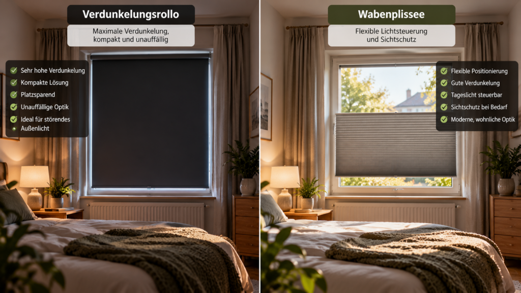 Verdunkelungsrollo und Wabenplissee im Schlafzimmer im Vergleich