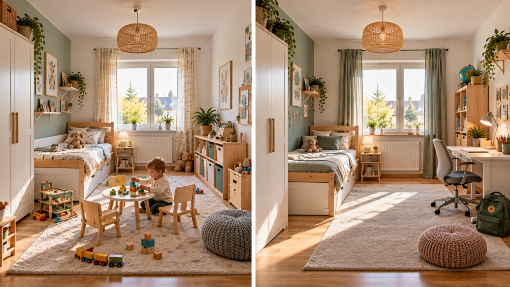 Mitwachsende Kinderzimmereinrichtung mit flexibler Spiel- und Lernzone.