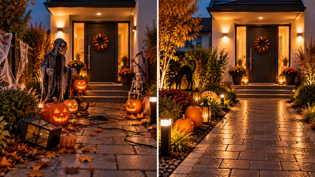 Vorher-Nachher-Vergleich einer Halloween-Gartendekoration mit freiem Besucherweg und sicher platzierten Figuren.