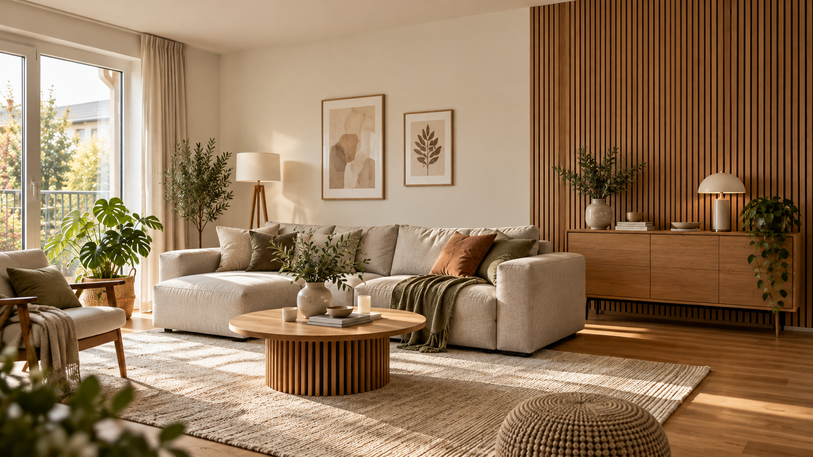 Modernes Wohnzimmer mit heller Wandgestaltung und einer Akzentfläche aus Eichenlamellen.