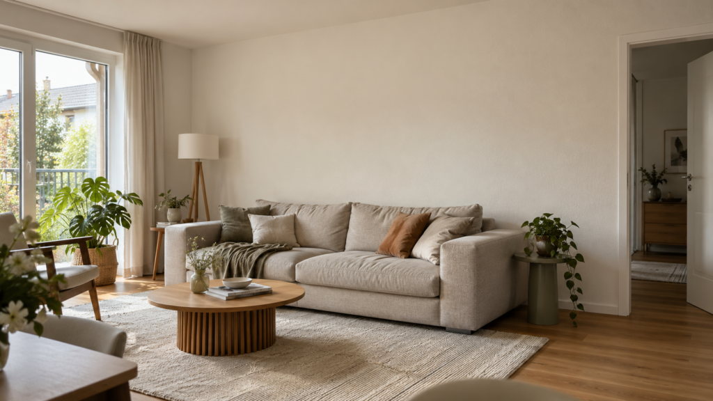 Helles Wohnzimmer mit ungestalteter Wand hinter einem beigen Sofa, Holzmöbeln und großen Fenstern.