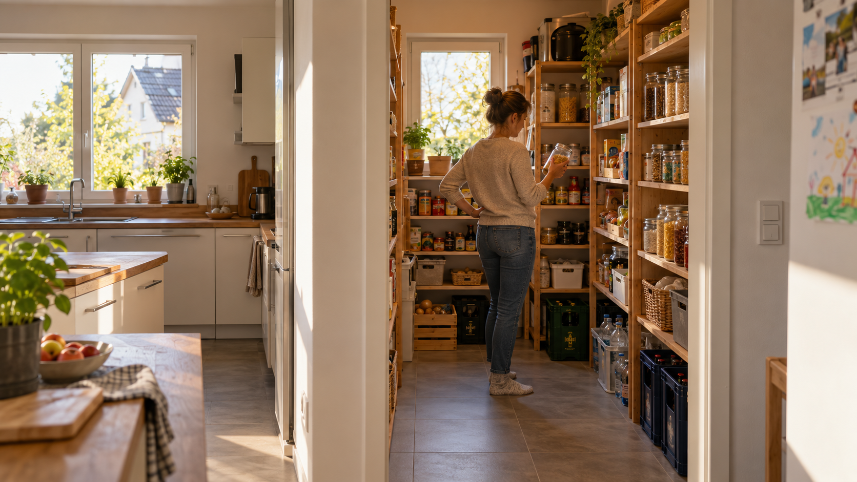 Gut geplante Speisekammer neben einer Familienküche mit übersichtlichen Vorräten, freien Laufwegen und Getränken im unteren Regalbereich