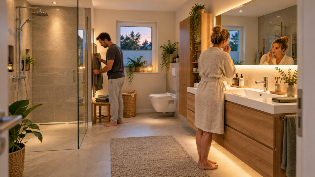 Gut geplantes Badezimmer mit bodengleicher Dusche, geschlossenem Stauraum und warmem Licht im normalen Familienalltag.