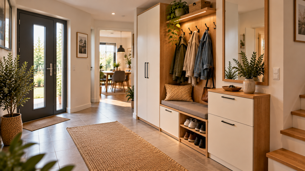 Wirtschaftlich geplanter Flur mit Garderobenschrank, Schuhbank, Spiegel und freiem Laufweg.