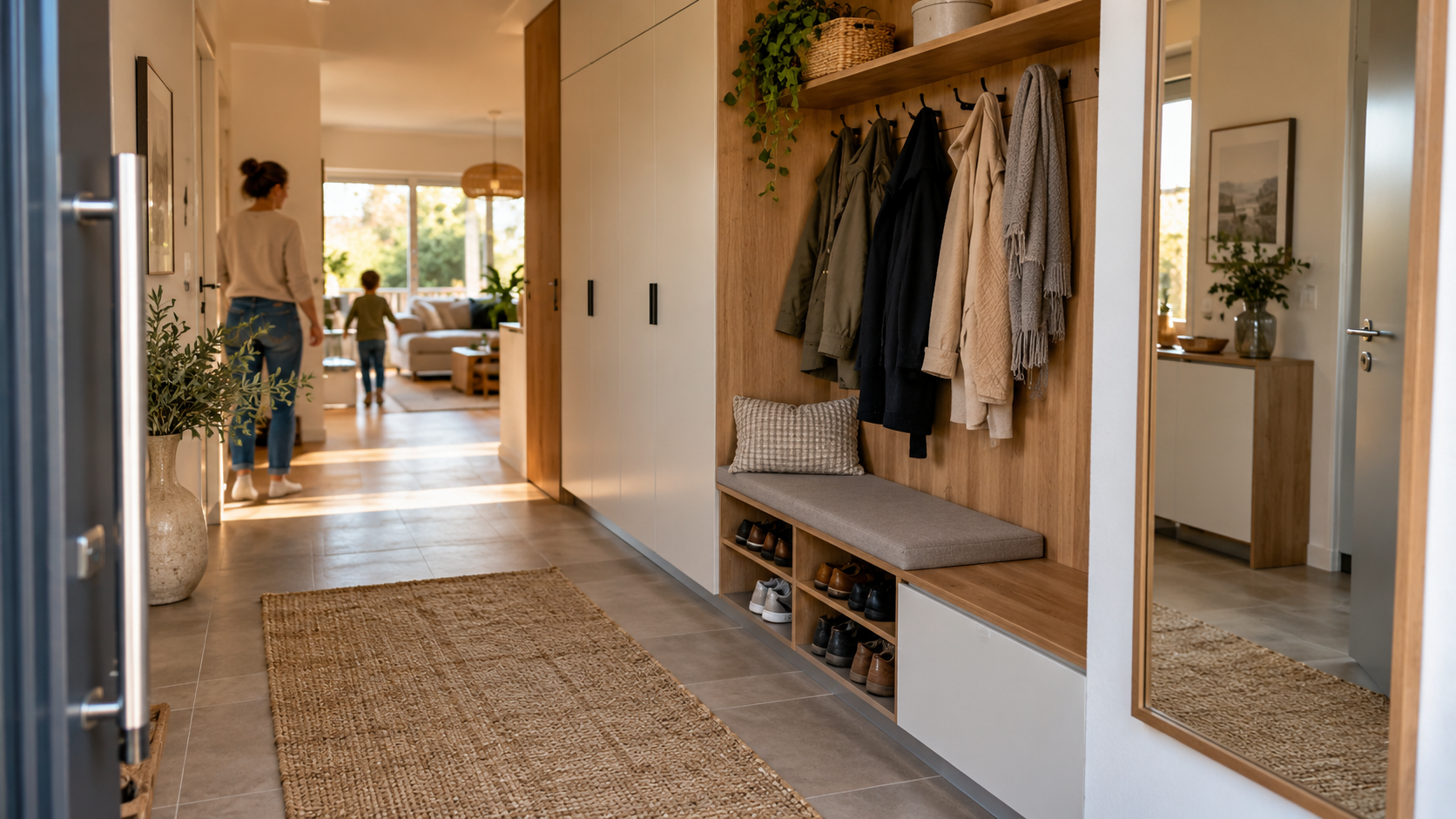 Flur und Garderobe planen mit geschlossenen Schränken, Sitzbank, Schuhablage und freiem Laufweg