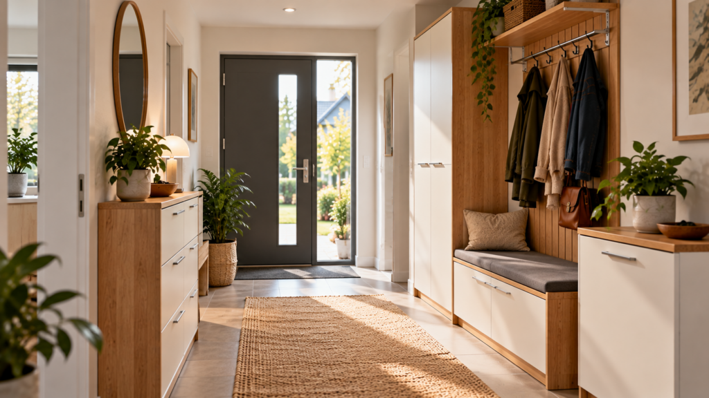 Wirtschaftlich geplanter Familienflur mit Garderobe, Sitzbank, Schuhschrank und freiem Laufweg.