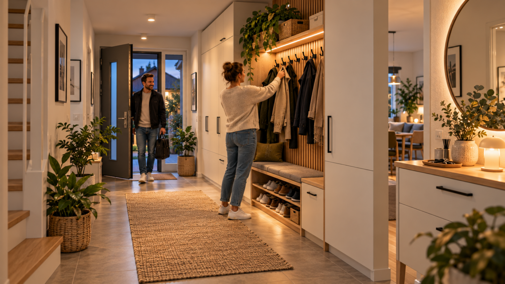 Gut geplanter Flur mit hybrider Garderobe Stauraum und freiem Laufweg