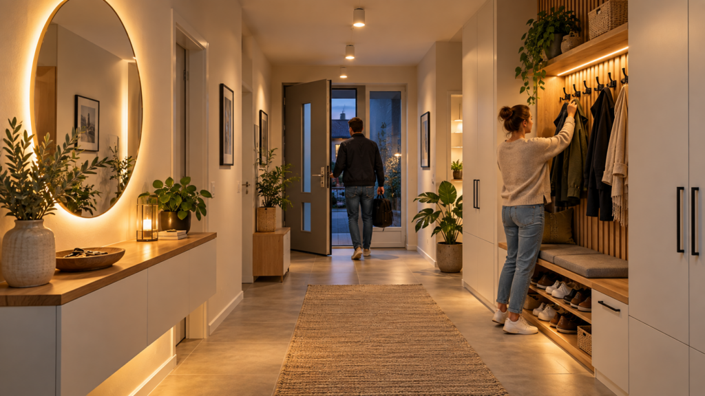 Flurbeleuchtung mit Spiegel Garderobe und freiem Laufweg