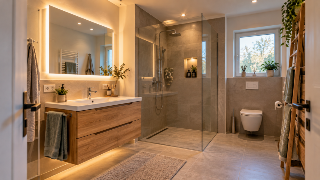 Badezimmer mit funktionalem Spiegellicht und angenehmer allgemeiner Beleuchtung.