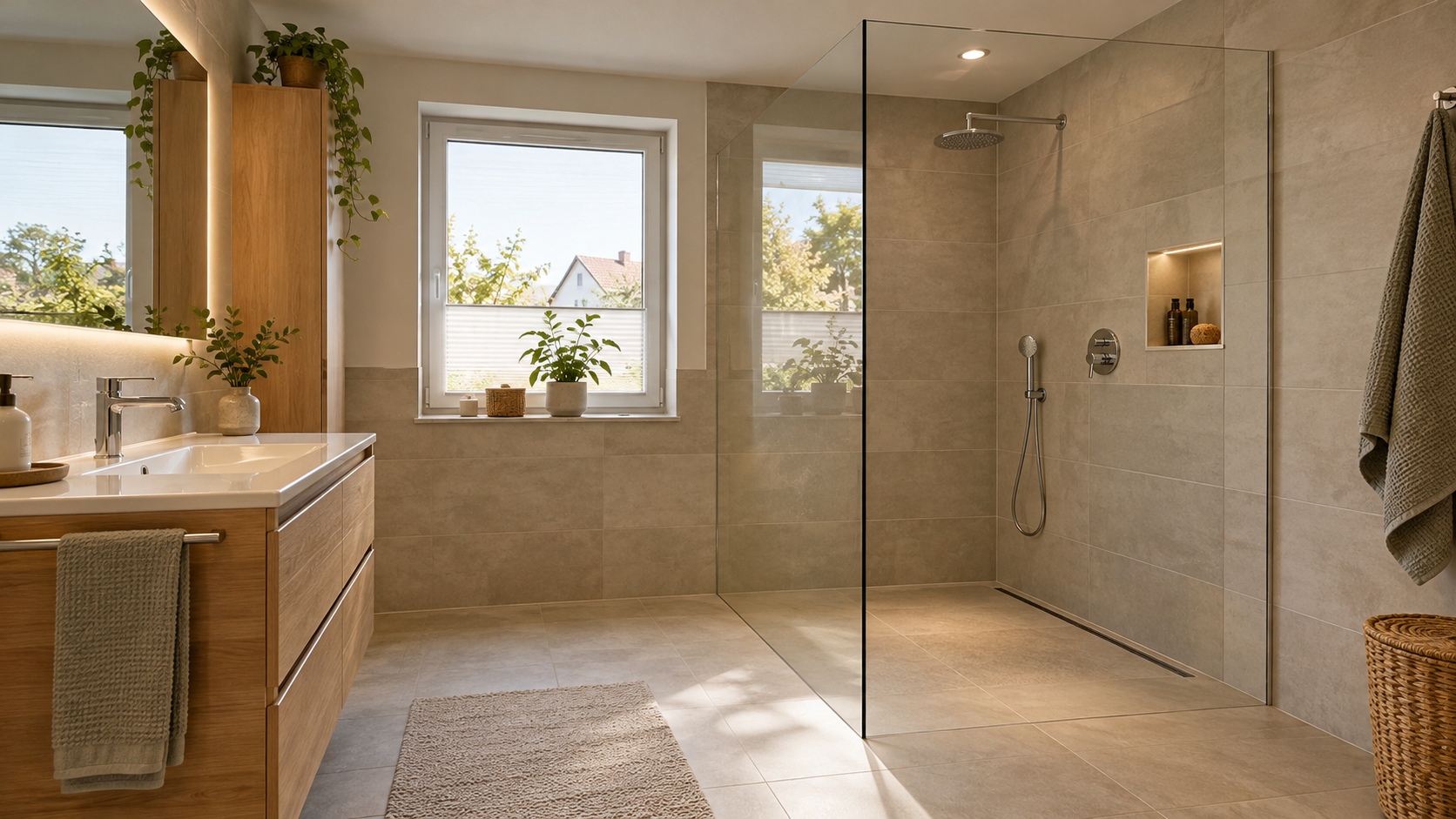 Alltagstaugliches Badezimmer mit bodengleicher Dusche und Glasabtrennung als Beispiel für verschiedene Duschlösungen