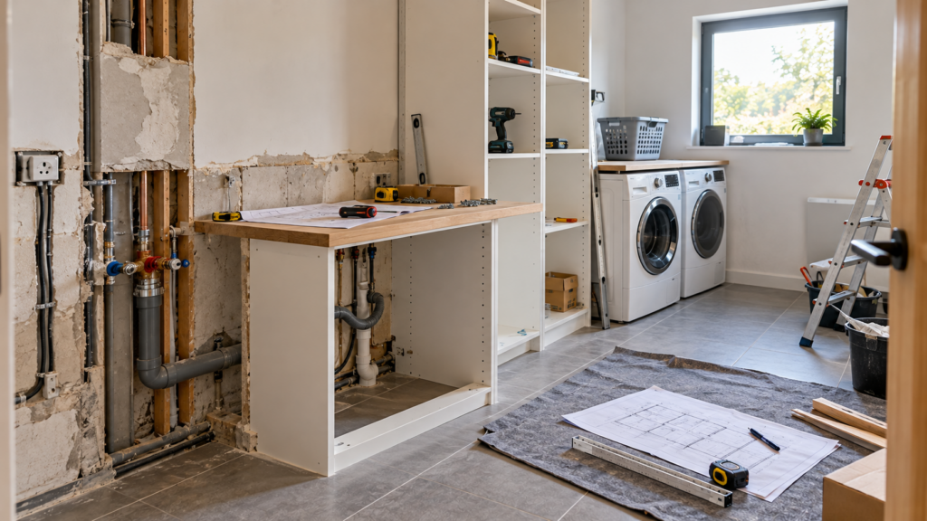 Renovierung eines Hauswirtschaftsraums mit offenen Anschlussarbeiten und noch nicht montierten Schränken.