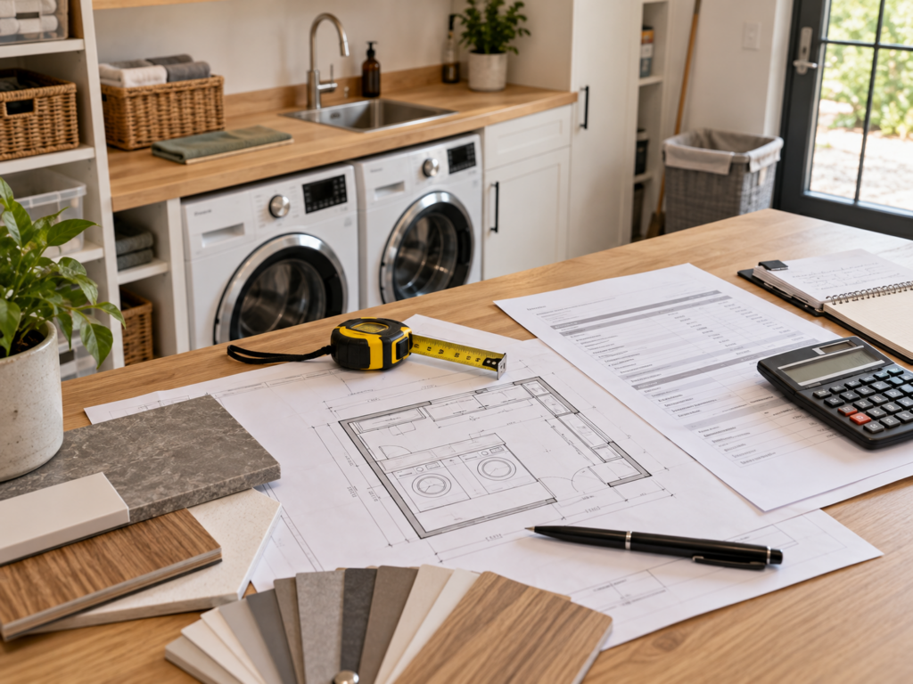Kostenplanung für einen Hauswirtschaftsraum mit Grundriss, Maßband und Budgetunterlagen.
