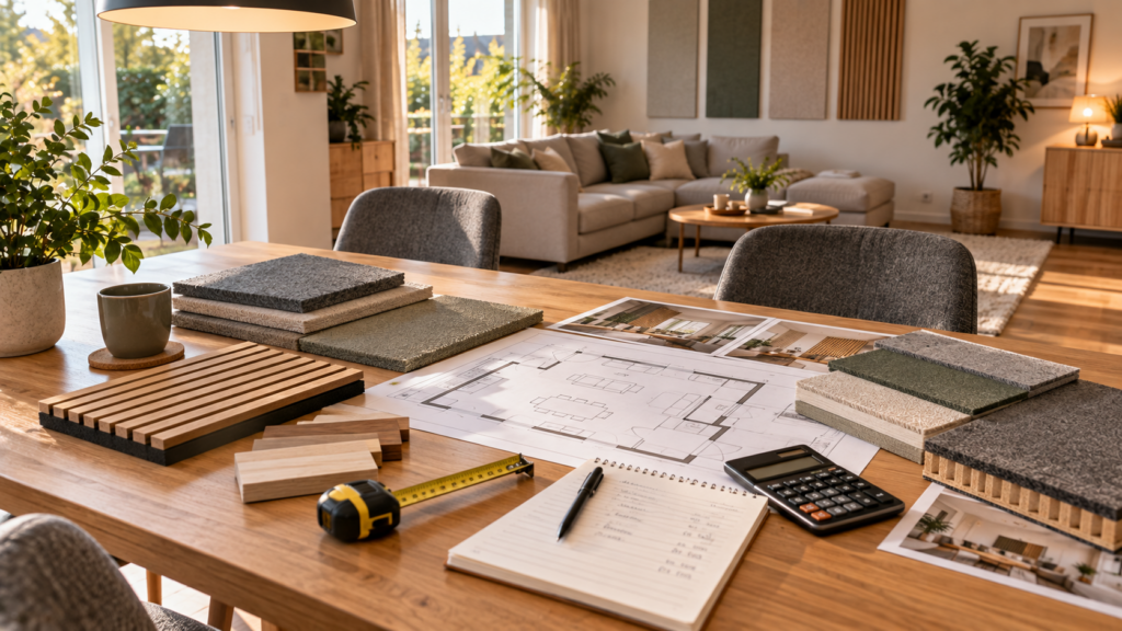 Vorbereitung einer Raumakustikplanung mit Grundriss, Materialmustern und Budget.