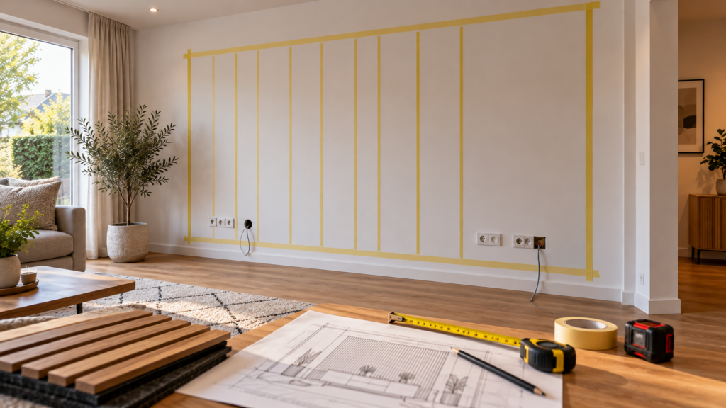 Vorbereitung einer Akustikpaneelwand mit markierter Fläche, Steckdosen und geplanter Kabelführung.