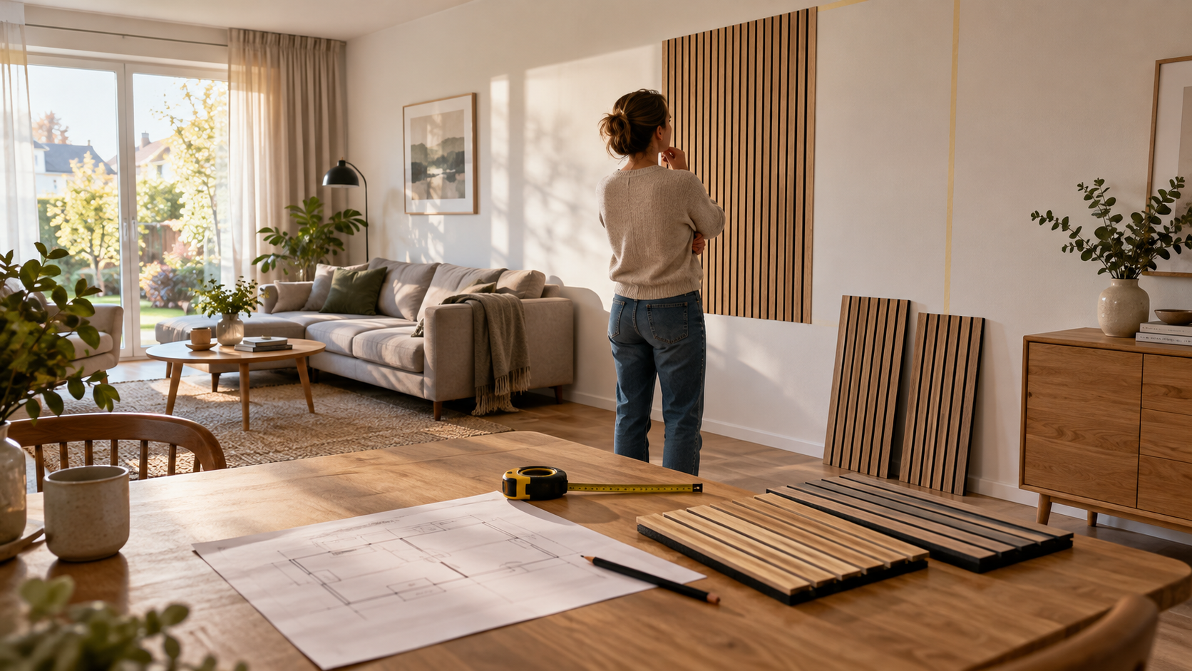 Planung einer Holzlamellenwand im Wohnzimmer mit Materialmustern und Maßband