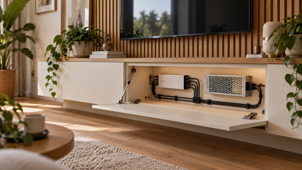 Geöffnetes Technikfach in einem weißen Sideboard mit LED-Controller, Netzteil und ordentlich verlegten Kabeln.